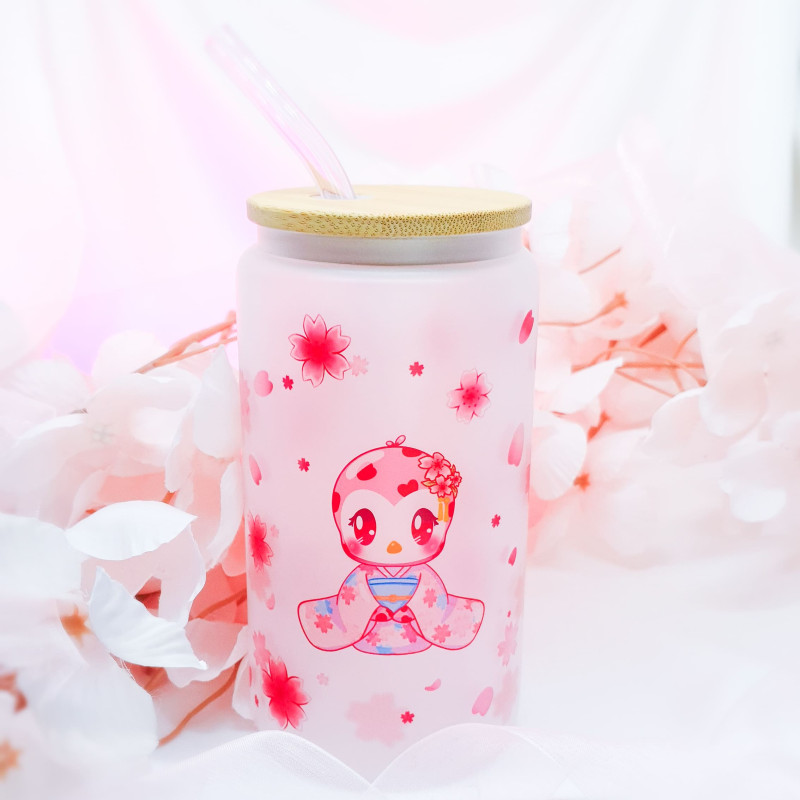 Verre borosilicate avec paille décoré mignon cute fleur de sakura paille en verre et bouchon en bambou