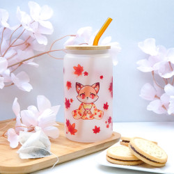 verre en sublimation renard momiji et feuilles d'automne avec paille et bouchon bambou