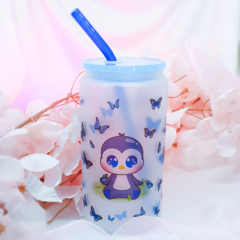 Verre borosilicate avec paille pingouin bleu enfant verre à couvercle et paille en bambou adorable et mignon pour enfant Verre borosilicate avec paille pingouin bleu enfant verre à couvercle et paille en bambou adorable et mignon pour enfant